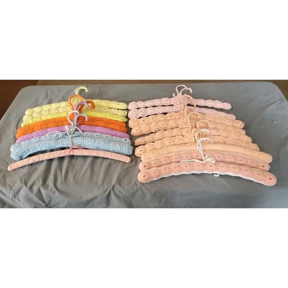 Lot Of 18 Vintage Hand Crocheted Wooden Hangers Yarn Covered 70’s Boho